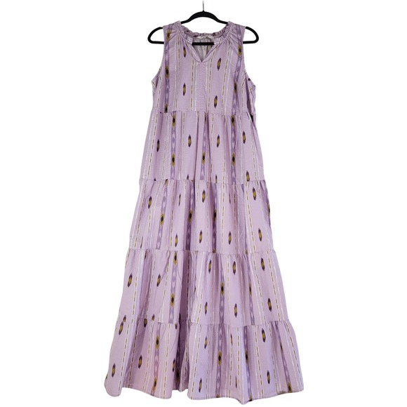 Sonoma Lavender Ikat Tiered Maxi Dress Womens L Cotton Boho Flowy A-Line Summer - Picture 2 of 10